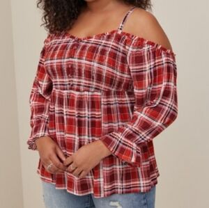 torrid Red Plaid Off-Shoulder Smocked Peasant Top